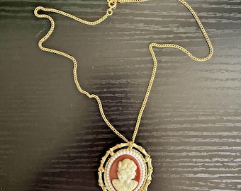 Vintage Cameo Necklace Brooch Red Pearl Oval Pendant Gold Tone Victorian