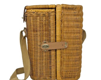 Vintage Wicker Rattan Insulated Picnic Wine Carrier Shoulder Bag