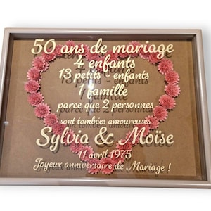 Personalized 50th wedding anniversary frame – Golden wedding anniversary – Gift for couple, family, first names – Handmade – 40x30 cm – Wall decoration