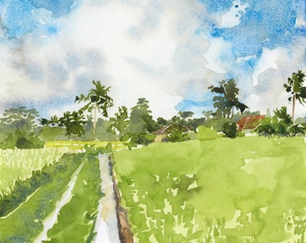 バリ島の棚田の絵画：緑豊かな田園と伝統的な小屋 - Etsy 日本