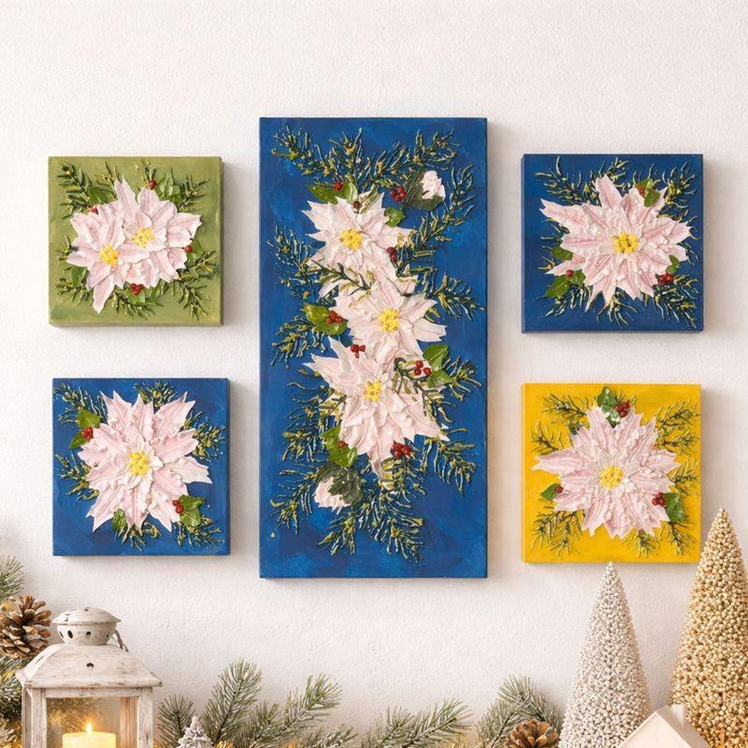 Poinsettia Wall Art Set 3D Floral Painting Holiday Gallery Decor