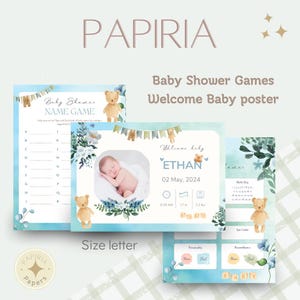 Puede incluir: Un cartel de bienvenida para un baby shower azul y verde con un osito de peluche, detalles florales y una foto de un bebé. El cartel incluye el nombre del bebé, Ethan, la fecha de nacimiento, la hora, el peso y la longitud. También incluye un calendario, el color de los ojos y rasgos de personalidad.
