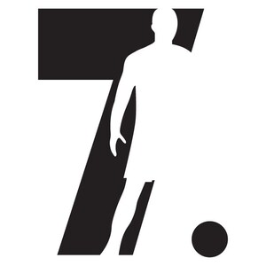 May include: A black and white graphic design featuring a stylized silhouette of a soccer player integrated into the number 7. A black soccer ball is positioned near the player's foot.