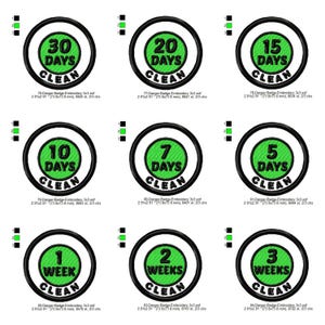 May include: A set of embroidered badges with a black outline and a green centre. Each badge shows the word "CLEAN" and a duration, such as "30 DAYS CLEAN" or "2 WEEKS CLEAN". The measurements are 73.8 mm x 73.8 mm.