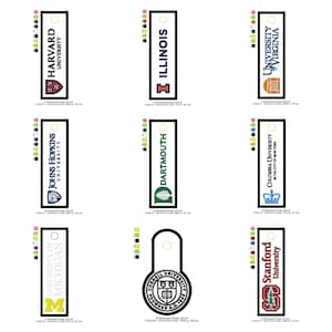 ハーバード大学、イリノイ大学、バージニア大学、ジョンズ・ホプキンス大学、ダートマス大学、コロンビア大学、ミシガン大学、コーネル大学、スタンフォード大学のブックマークパッチ刺繍デザインファイル