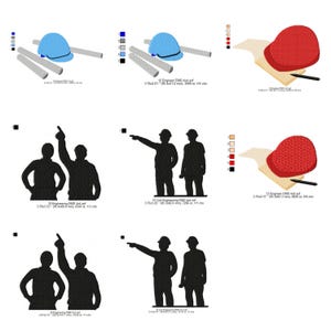 May include: An image featuring several embroidery designs related to engineering and construction. Designs include a blue hard hat, two silver tubes, and silhouettes of construction workers pointing. The designs are labelled with text.