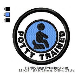 May include: A black and white embroidered patch with a blue circle in the center. The circle has a black silhouette of a person sitting on a toilet. The text "POTTY TRAINED" is written around the circle.