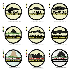 May include: A collection of embroidered patches featuring mountain peaks with their elevation in feet. Each patch is circular with a black border and includes the mountain name and elevation.