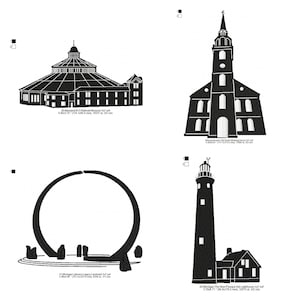 May include: Four black and white architectural illustrations on a white background. The images include a domed building, a church with a steeple, a stone circle, and a lighthouse with a small adjacent building.