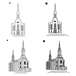 May include: Four black and white architectural drawings of a building with a tall spire and multiple windows. Each drawing has text at the bottom, including measurements in inches and millimeters.