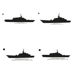 Puede incluir: Cuatro diseños de siluetas negras de barcos de guerra. Cada barco está etiquetado con texto, incluyendo "USS Fort Worth LCS3" y medidas en mm. Los diseños son para bordado o trabajos similares.
