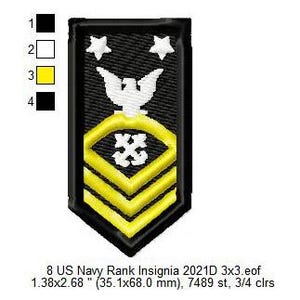 Op de afbeelding: Een zwart en gouden US Navy ranginsigne-patch met drie gouden strepen, een witte adelaar en twee witte sterren. De patch is 1,38 inch bij 2,68 inch (35,1 mm bij 68,0 mm).
