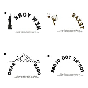 May include: Four embroidery designs for a sewing machine. The designs are: "NEW YORK" with a silhouette of the Statue of Liberty, "TEXAS" with a cotton boll, "COLORADO" with a mountain range, and "YOU'RE TOO CLOSE" with a circular design.