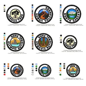 May include: Embroidered patches with national park designs, including Joshua Tree, Hawaii Volcanoes, North Cascades, Olympic, and Sequoia National Parks. Each circular patch features detailed imagery and text.