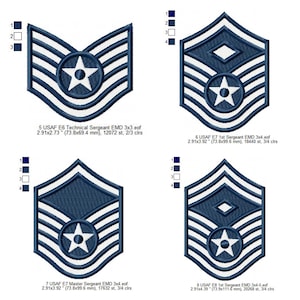 May include: Four embroidered USAF rank insignia patches in navy blue and white. Top left: E6 Technical Sergeant (2.91x2.73 inches). Top right: E7 1st Sergeant (2.91x3.92 inches). Bottom left: E7 Master Sergeant (2.91x3.92 inches). Bottom right: E8 1st Sergeant (2.91x4.39 inches).