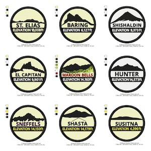 May include: Embroidered patches featuring mountain silhouettes and elevations. Includes patches for St. Elias (18,008 ft), Baring (6,127 ft), Shishaldin (9,373 ft), El Capitan (9,901 ft), Maroon Bells (14,163 ft), Hunter (14,573 ft), Sneffels (14,150 ft), Shasta (14,179 ft), and Susitna (4,396 ft).