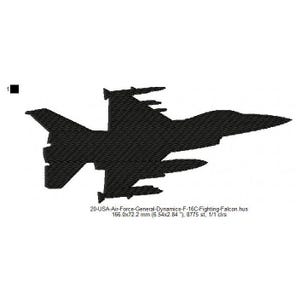 Op de afbeelding: Zwarte silhouet van een General Dynamics F-16C Fighting Falcon straaljager. De afbeelding is 166,0 mm bij 72,2 mm en heeft 8775 steken.