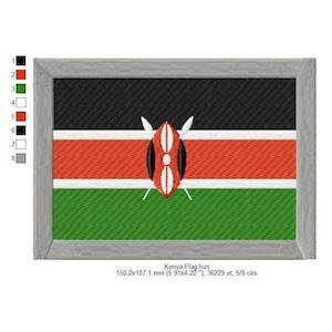 May include: Embroidered patch of the Kenyan flag, featuring black, red, and green horizontal stripes with a white-bordered shield and spears in the center. The patch is rectangular with a gray border. The text "Kenya-Flag hus" is at the bottom.