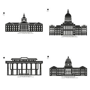 Może przedstawiać: Cztery czarno-białe ilustracje budynków kapitolów stanowych. Każdy budynek ma unikalny projekt architektoniczny, w tym kopuły, kolumny i prostokątne konstrukcje. Ilustracje są oznaczone nazwą budynku i wymiarami w calach i milimetrach.