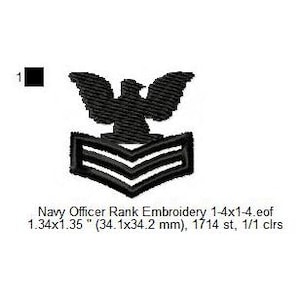 May include: Black embroidery of a Navy Officer rank insignia, featuring an eagle above a chevron design. The text "Navy Officer Rank Embroidery" is below the insignia. The embroidery measures 1.34 x 1.35 inches.