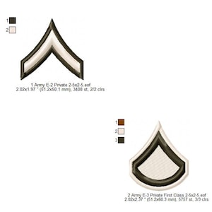 May include: Two embroidered military rank insignia. The first is a chevron with a white center and dark brown border. The second is a diamond shape with a white center and dark brown border. Text includes "Army E-2 Private" and "Army E-3 Private First Class".
