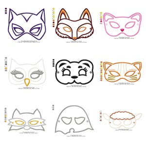 May include: A collection of machine embroidery designs featuring various animal and character face masks. Designs include a cat, fox, owl, bear, and ghost, each with unique details and color palettes. The masks are outlined with a contrasting color.