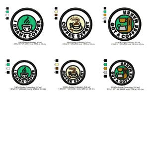 Puede incluir: Parches bordados con diseños temáticos de café. Los parches presentan textos como "I Drank Coffee", "Coffee Expert" y "Got a Coffee Maker". Cada parche tiene forma circular con borde negro e interior colorido.