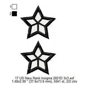 May include: Two black embroidered stars with white outlines on a white background. 17 US Navy Rank Insignia 2021D 3x3.eof 1.48x2.90" (37.6x73.6 mm), 5041 st, 2/2 clrs
