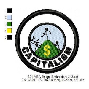 May include: Embroidered patch with the word "CAPITALISM" in black, encircling a central image. The image features stick figures climbing a green hill with a yellow dollar sign. The patch measures 2.91 x 2.91 inches (73.8 x 73.8 mm).
