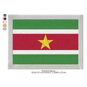 May include: A green, white, and red flag with a yellow five-pointed star in the center. Surinamer-Flag.hus 163.8x118.7 mm (6.45x4.67"), 42848 st, 5/5 clrs