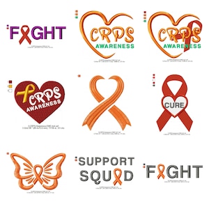 May include: A collection of embroidered designs featuring awareness ribbons and text. Designs include the words "FIGHT", "CRPS AWARENESS", and "CURE". Colors include orange, red, purple, and green. Some designs are heart-shaped.