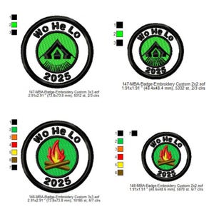 May include: Four embroidered patches with a circular design. Two patches feature a green tent graphic and the text "Wo He Lo 2025". The other two patches show a campfire graphic and the text "Wo He Lo 2025".