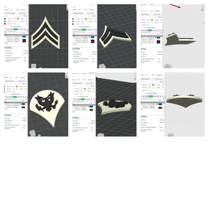 以下が含まれることがあります： 軍の記章のデジタルレンダリングのコレクション。シェブロンやフクロウの紋章など。 デザインは白黒で、ニュートラルな背景に設定され、さまざまな角度と視点を示しています。