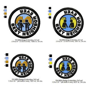 Può includere: Quattro toppe ricamate con il testo "Best Neighbor Ever" in un cerchio nero con lettere bianche. Le toppe sono di due dimensioni, 7,4 cm e 4,9 cm. Le toppe presentano due figure stilizzate in blu e giallo, in piedi l'una accanto all'altra.