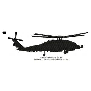 May include: Black silhouette of a military helicopter, 1-MH-60-Romeo-EMD 5x7.eof, 6.87x2.02" (174.5x51.3 mm), 7285 st, 1/1 clrs.