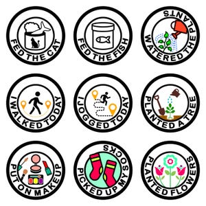 May include: Nine circular stickers with black borders and white backgrounds. The stickers depict various activities, including feeding a cat and fish, watering plants, walking, jogging, planting a tree and flowers, putting on makeup, and picking up socks.