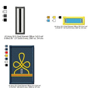 May include: A collection of embroidered military badges, including a rectangular insignia with a central black stripe and a gold-edged ribbon. The image also shows a blue patch with a gold emblem, with text indicating rank and measurements.