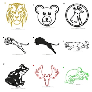 Puede incluir: Una colección de diseños de bordado con temática animal. Incluye una cabeza de león dorada, una cara de oso en blanco y negro, una jirafa en un círculo, un guepardo saltando, una pantera negra, una rana con corona, una cabeza de alce roja y un camaleón verde.