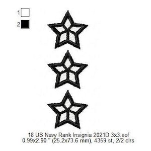 May include: Three black embroidered stars with white outlines on a white background. 18 US Navy Rank Insignia 2021D 3x3.eof 0.99x2.90" (25.2x73.6 mm), 4359 st, 2/2 clrs
