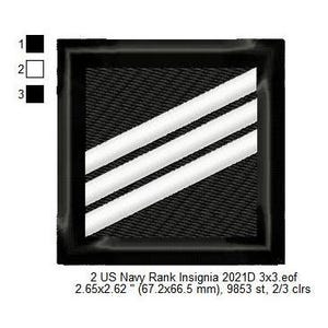 May include: A black fabric patch with three white diagonal stripes. The patch is 2.65 inches by 2.62 inches and has 9853 stitches. It is labeled "2 US Navy Rank Insignia 2021D 3x3.eof".