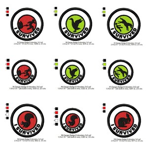May include: A collection of embroidered patches with a black border and the text "I SURVIVED". Each patch features a different design inside a red or green circle, including a person, a goose, a horse, a squirrel, and a rabbit.