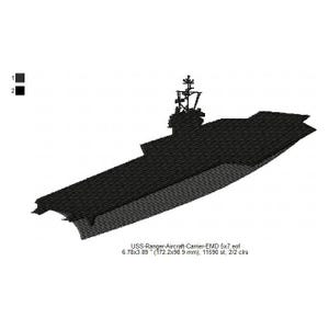 May include: Black and white silhouette of a US Navy aircraft carrier, the USS Ranger, with the text "USS-Ranger-Aircraft-Carrier-EMD 5x7.eof 6.78x3.89" (172.2x98.9 mm), 11590 st. 2/2 clrs" below.