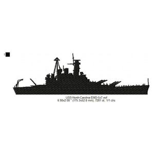 May include: Black silhouette of a battleship, the USS North Carolina, with the text "USS-North-Carolina-EMD-5x7.eof 6.90x2.08" (175.3x52.8 mm), 7281 st. 1/1 clrs" below.