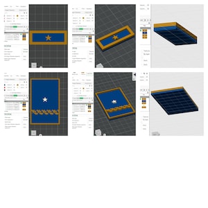 Puede incluir: Una serie de imágenes renderizadas en 3D que muestran un diseño azul y dorado. El diseño presenta un rectángulo azul con un borde dorado y una estrella dorada. Otra imagen muestra un rectángulo azul con una estrella blanca y formas doradas.