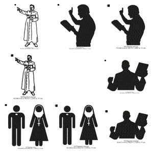 May include: A collection of embroidery designs featuring religious figures. The designs include a preacher pointing, a preacher with a raised hand, and silhouettes of a preacher and a nun. The designs are in black and white.