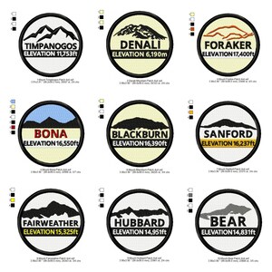 May include: A collection of embroidered patches featuring mountain silhouettes and names, including Denali, Foraker, and Timpanogos. Each patch displays the mountain's elevation in feet, with a black border and a white background.