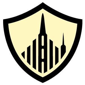Puede incluir: Un emblema en forma de escudo negro y crema con un gráfico estilizado de un avión. El diseño incluye líneas verticales y una estructura central en forma de torre, todo sobre un fondo crema con un borde negro.