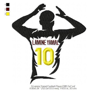May include: A black silhouette of a football player with arms raised. The player's jersey features the name "LAMINE YAMAL" in burgundy and the number "10" in yellow. The design is on a white background.