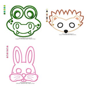 Puede incluir: Tres diseños de máscaras faciales bordadas: un cocodrilo verde, un erizo marrón y un conejo rosa. La máscara de cocodrilo está delineada en verde, el erizo en marrón y el conejo en rosa. Cada máscara tiene aberturas para ojos y boca.