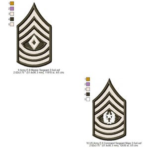 May include: Two embroidered US Army rank insignia. The first is a Master Sergeant E-8 rank, measuring 2.02 x 3.75 inches. The second is a Command Sergeant Major E-9 rank, also 2.02 x 3.75 inches.